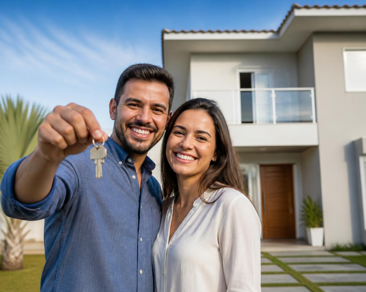 Casal comemorando a chave da casa própria após reduzir o custo do seguro habitacional